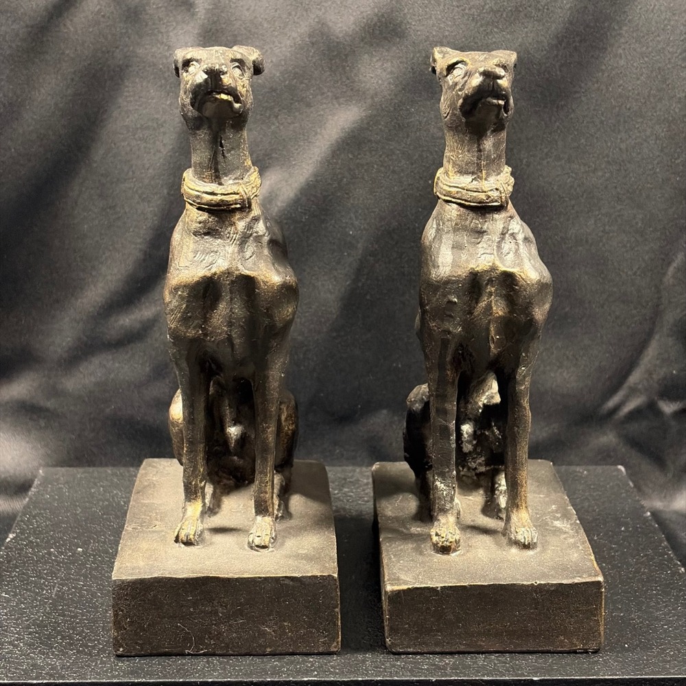 Vintage Art Deco Greyhound Whippet Dog Bookends Cast Metal Bronze Finish Pair